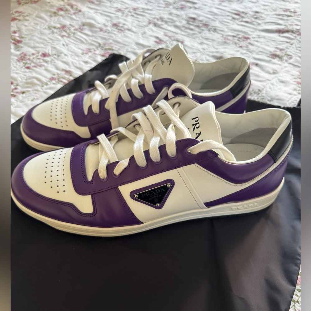 100% AUTHENTIC PRADA DOWNTOWN LEATHER FLAT TRAINERS SNEAKERS LOW PURPLE BLACK 11